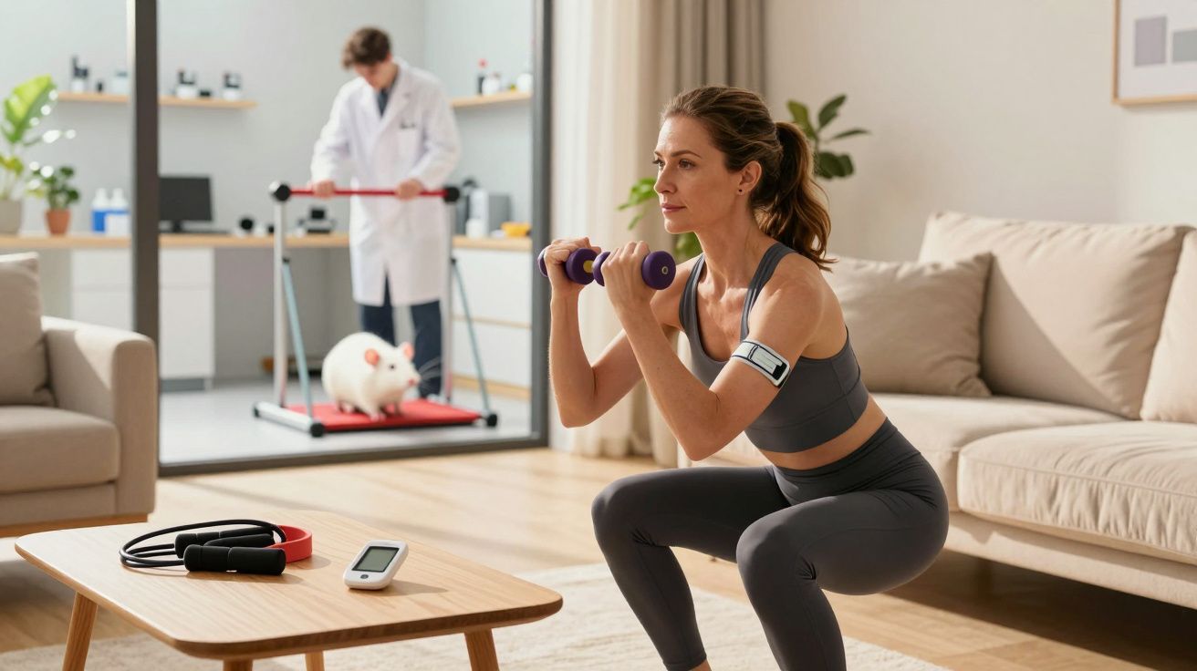 Mulher a fazer exercício com halteres em casa, cientista observa rato a correr numa roda ao fundo.