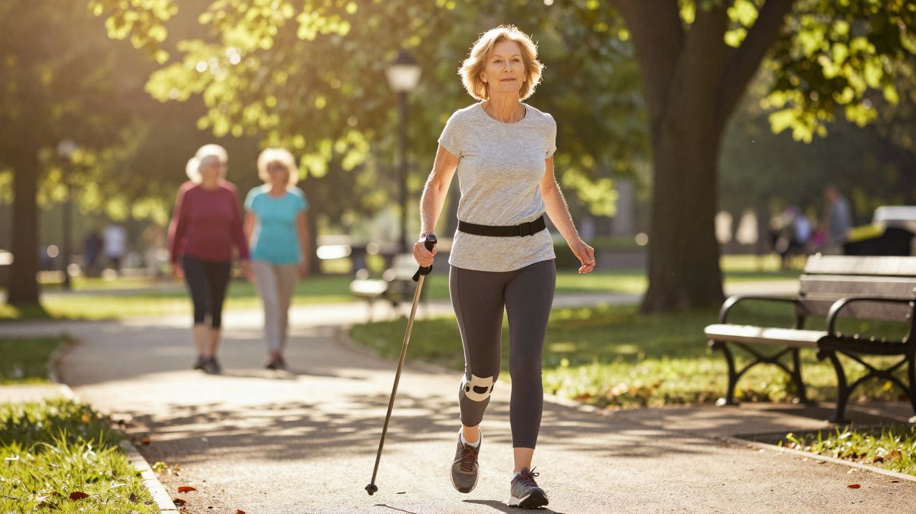 Mulher idosa a caminhar com bastão numa alameda de parque ensolarado, com duas outras mulheres ao fundo.