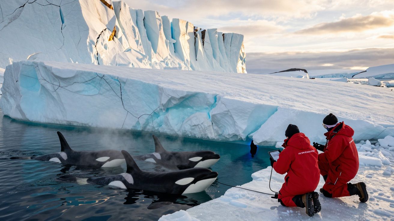 Dois cientistas em roupas vermelhas observam três orcas perto de uma grande formação de gelo polar.