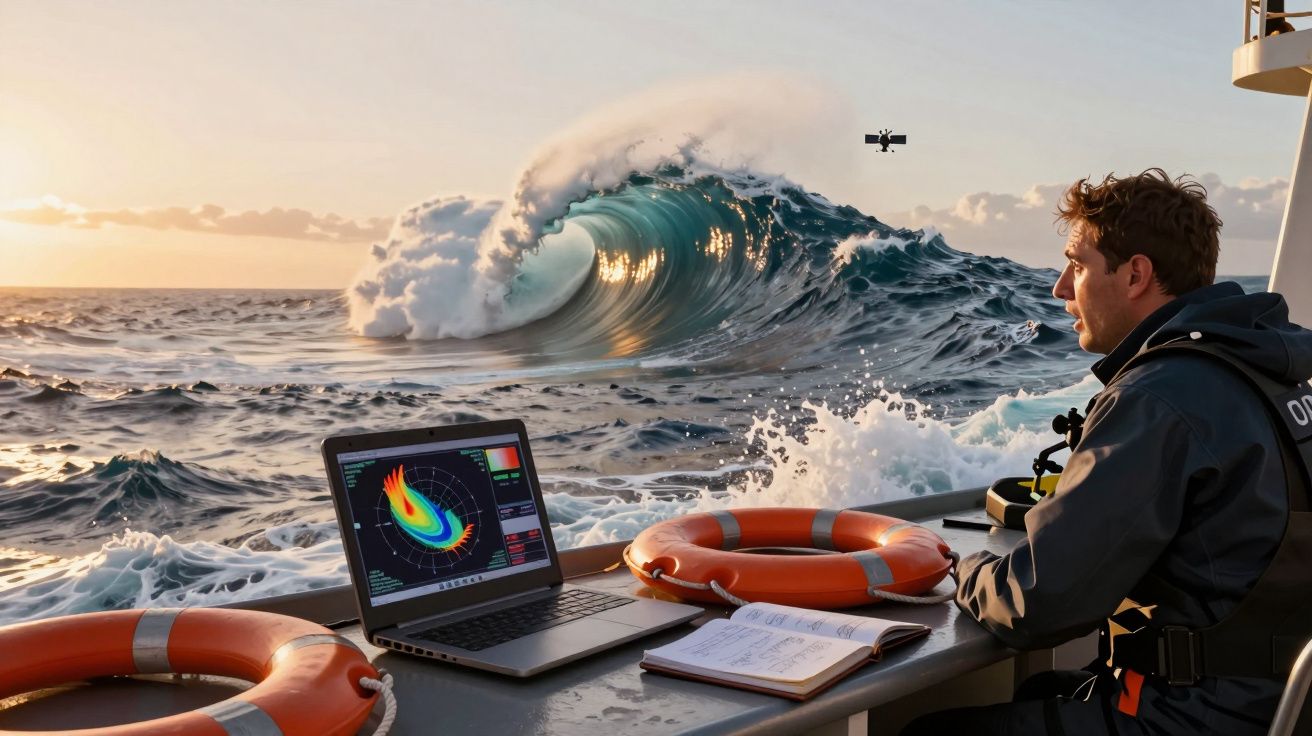 Homem em barco observa onda grande no mar ao pôr do sol, com laptop e drone visíveis na cena.