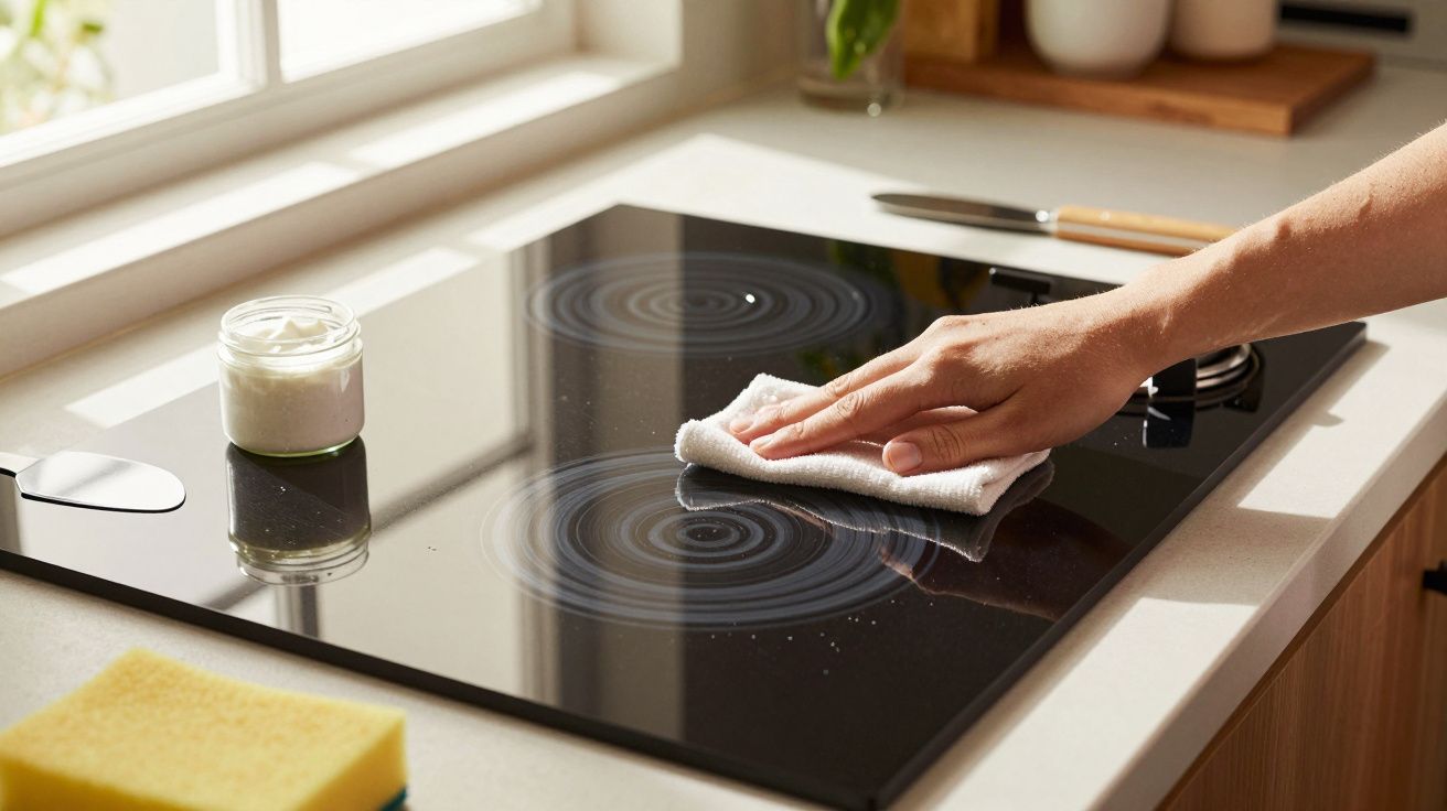 Mão limpa placa de vitrocerâmica preta com pano branco numa cozinha iluminada pela janela.