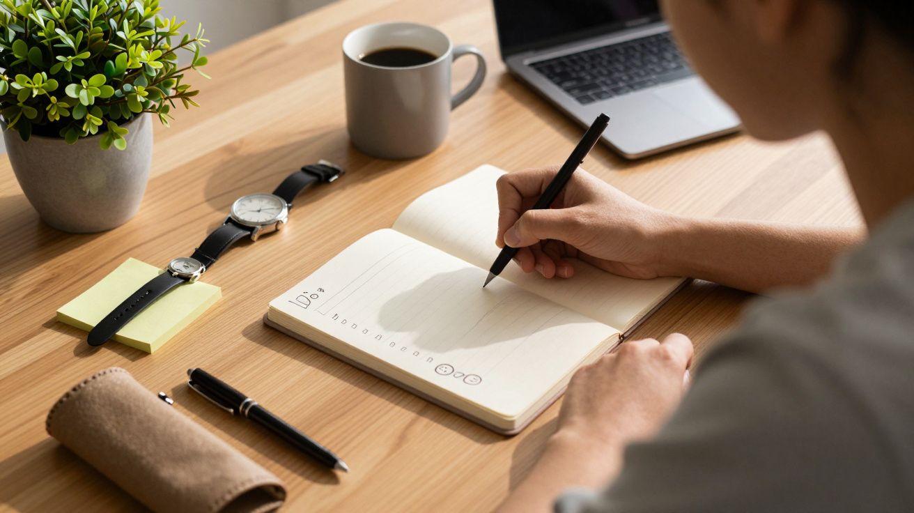 Pessoa a escrever num caderno aberto numa secretária com relógios, caneta, computador portátil, café e planta.