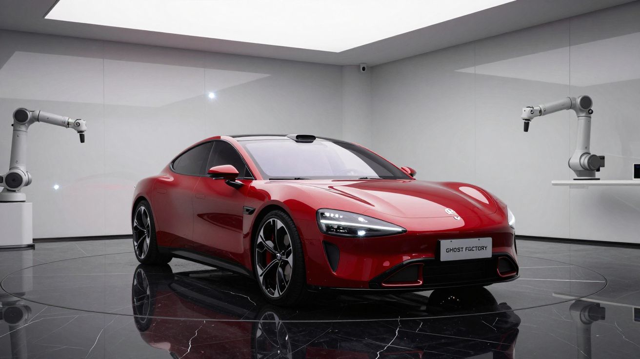 Carro desportivo eléctrico vermelho brilhante numa sala futurista com braços robóticos brancos.