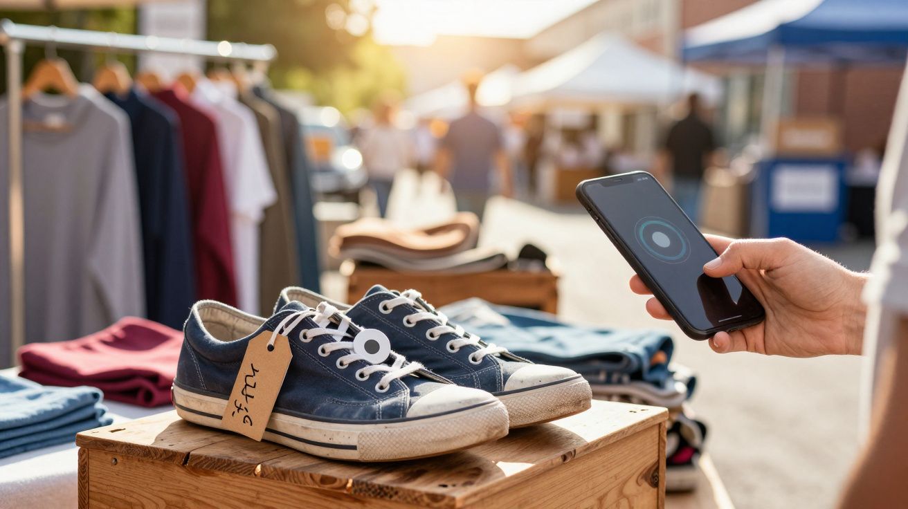Tênis azuis com etiquetas num expositor em mercado ao ar livre, pessoa a usar telemóvel à direita.