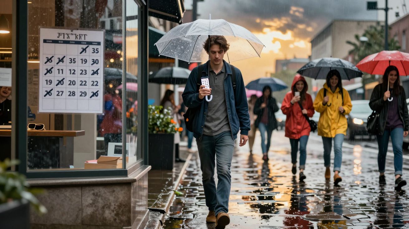 Jovem com guarda-chuva branco caminha na calçada molhada de chuva, seguida por pessoas com guarda-chuvas coloridos.