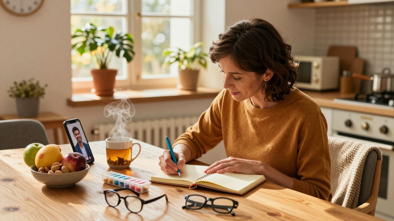 Mulher sentada à mesa a escrever num caderno com chá e chamada de vídeo no telemóvel num ambiente doméstico.