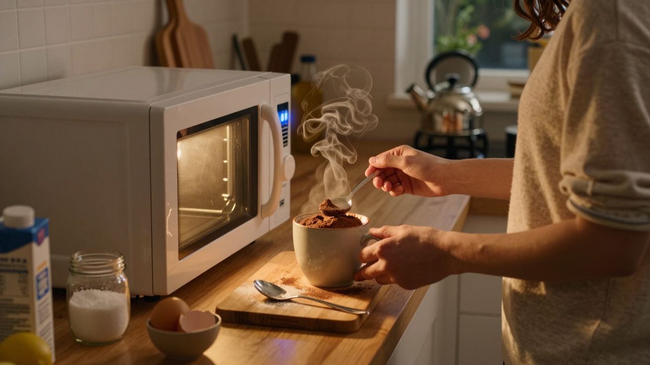 Pessoa a mexer uma chávena de chocolate quente fumegante na cozinha junto ao micro-ondas.