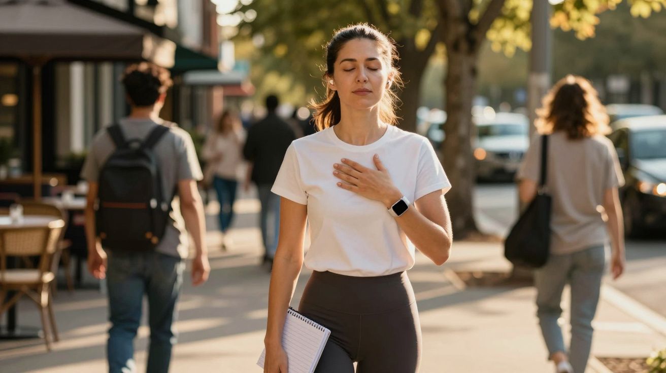 Mulher jovem com olhos fechados a respirar profundamente e a segurar o coração numa rua movimentada.