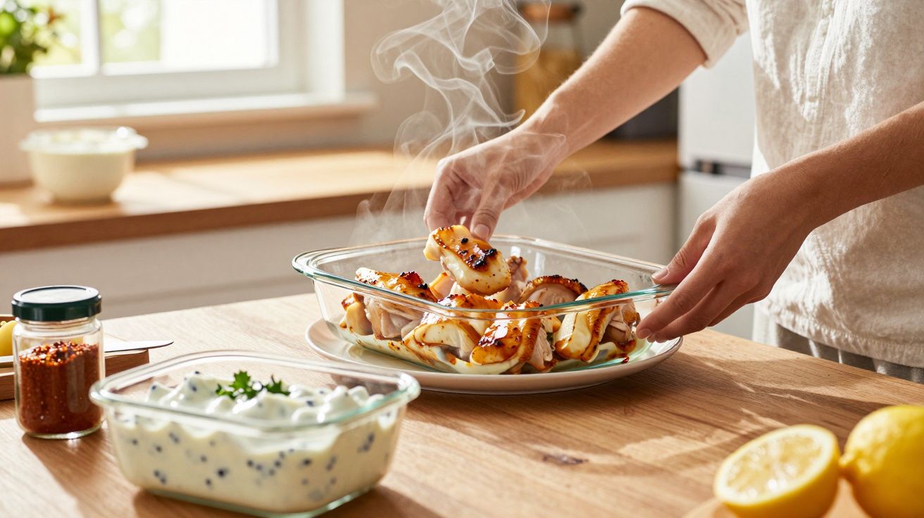 Pessoa a tirar polvo quente recém-cozinhado de um tabuleiro de vidro numa cozinha moderna iluminada.