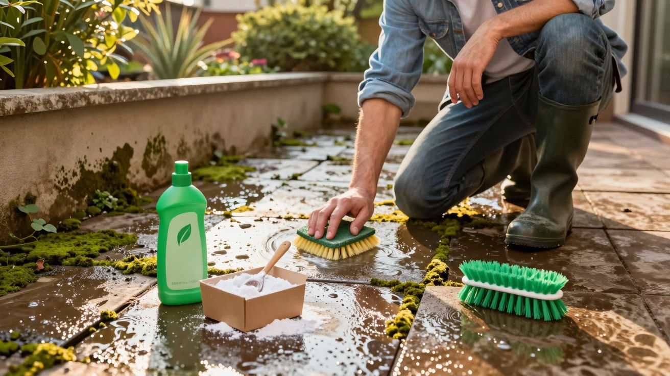 Pessoa a limpar um chão de pedra exterior com escovas, detergente e sabão em pó, junto a plantas.