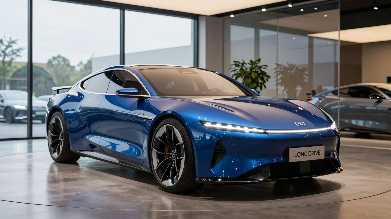 Carro desportivo elétrico azul com faróis LED, em exposição numa sala moderna com grandes janelas.