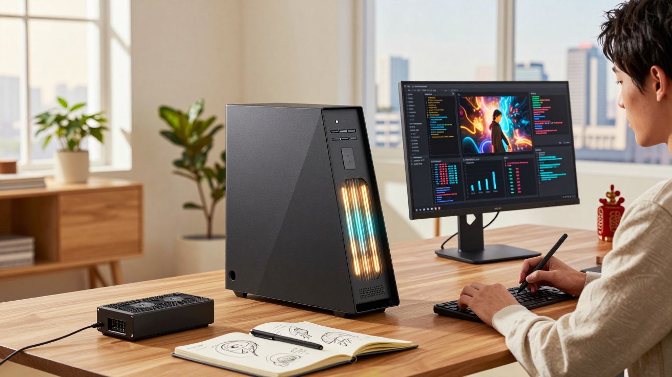 Pessoa a trabalhar num computador desktop moderno numa secretária com desenhos e vista urbana pela janela.