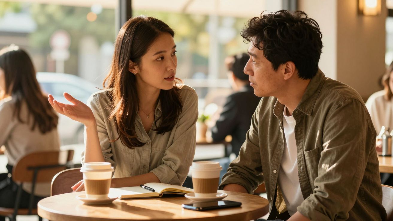 Duas pessoas a conversar numa cafetaria, com café e caderno sobre a mesa à luz natural.