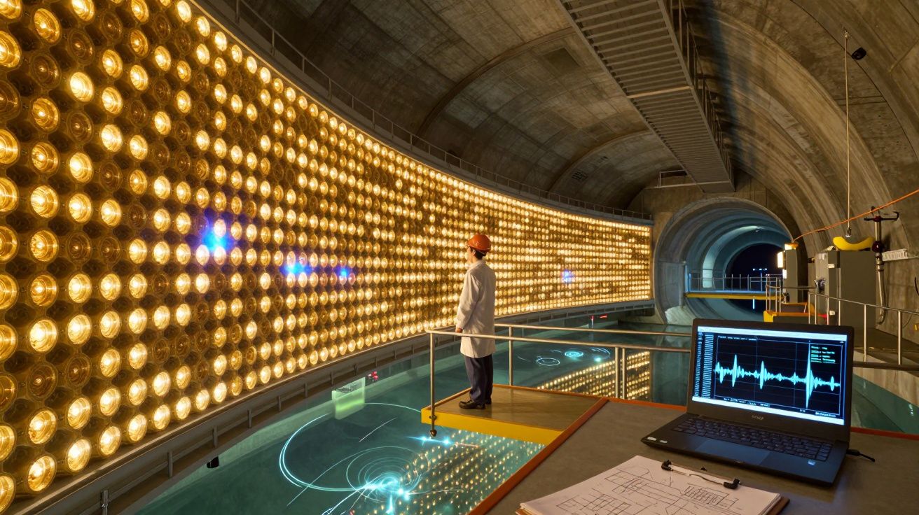 Engenheiro analisa painel iluminado de focos num túnel científico com computador e plantas técnicas na mesa.