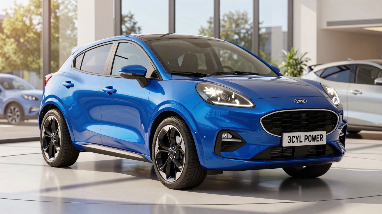 Carro compacto azul moderno com faróis acesos em sala de exposição, placa com texto "3CYL POWER".