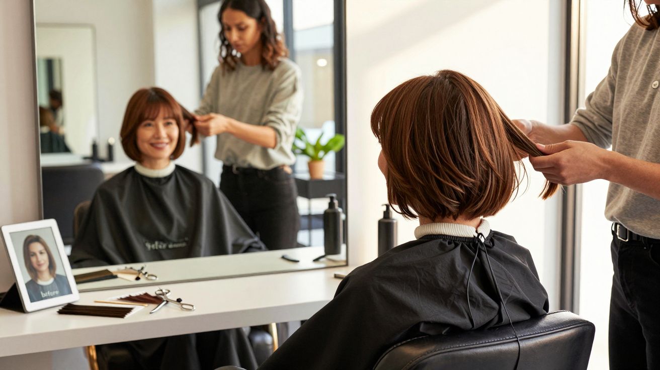 Cliente com capa preta sentada a cortar cabelo num salão de cabeleireiro moderno e iluminado.