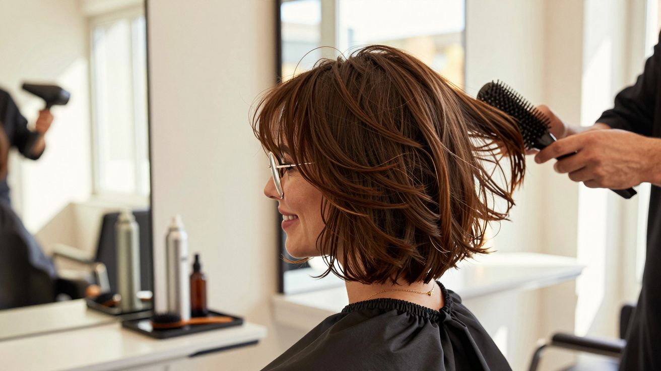 Mulher de cabelo castanho curto a ser penteada por cabeleireiro num salão iluminado.