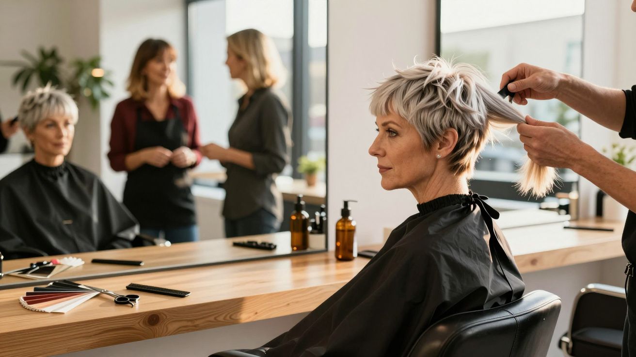 Mulher com cabelo curto cinza a ser penteada num cabeleireiro moderno, com duas mulheres a conversar ao fundo.