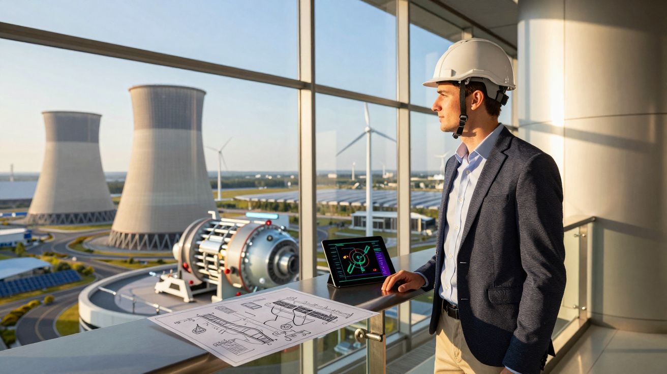 Engenheiro com capacete a analisar projetos numa central elétrica com turbinas eólicas e torres de arrefecimento.