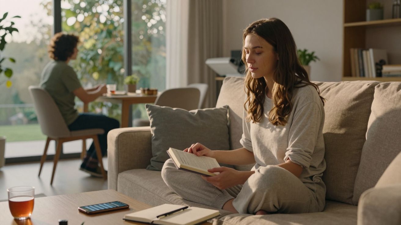 Mulher sentada no sofá a ler um livro, enquanto um homem está ao fundo a escrever numa mesa perto da janela.
