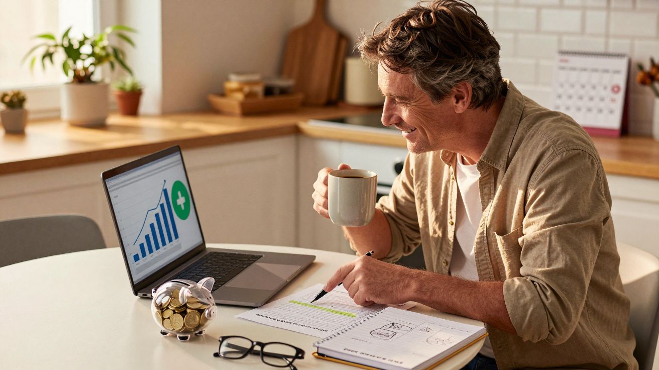 Homem sorridente a trabalhar finanças sentado à mesa com laptop, gráficos, caderno, copo e mealheiro com moedas.