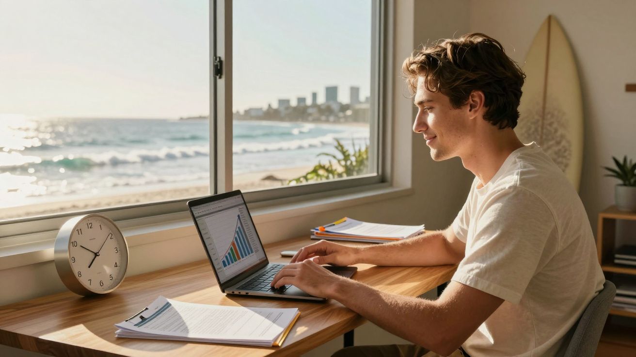 Jovem a trabalhar num portátil com gráficos, sentado junto a uma janela com vista para a praia e o mar.