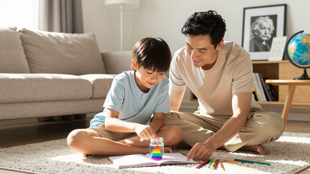 Pai e filho sentados no chão a explorar cores da luz numa sala iluminada e acolhedora.