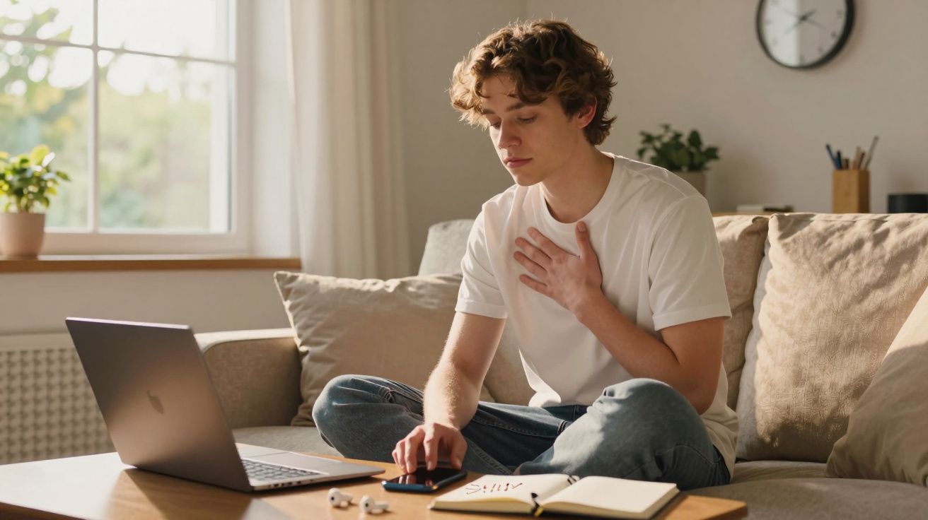 Jovem sentado no sofá com portátil, livro aberto e a tocar no peito, parecendo desconfortável ou com dor.