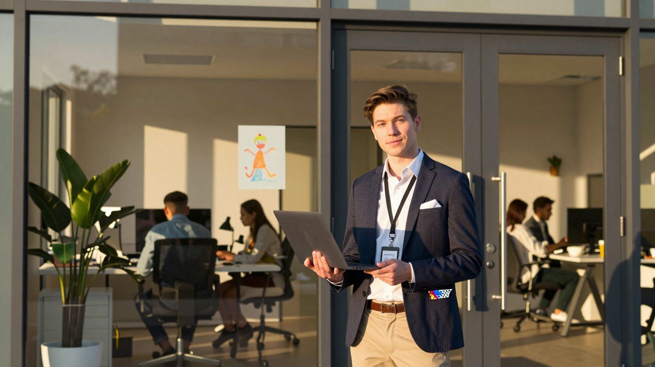 Homem de negócios com portátil em frente a escritório moderno com colegas a trabalhar ao fundo.