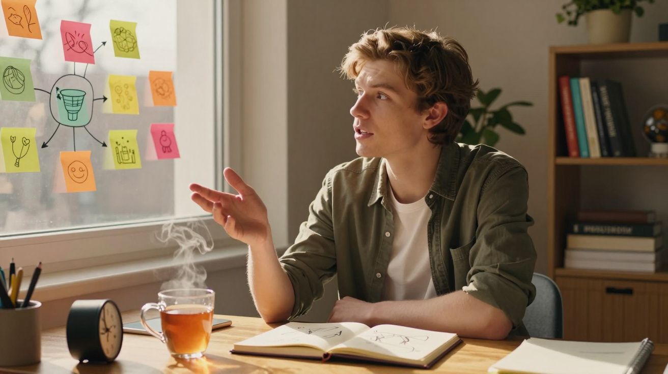 Jovem a explicar ideias desenhadas em post-its numa janela, sentado numa secretária com chá e caderno aberto.