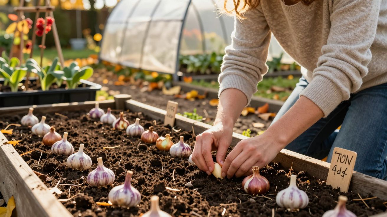Pessoa a plantar dentes de alho num canteiro de jardim com terra escura em dia ensolarado.