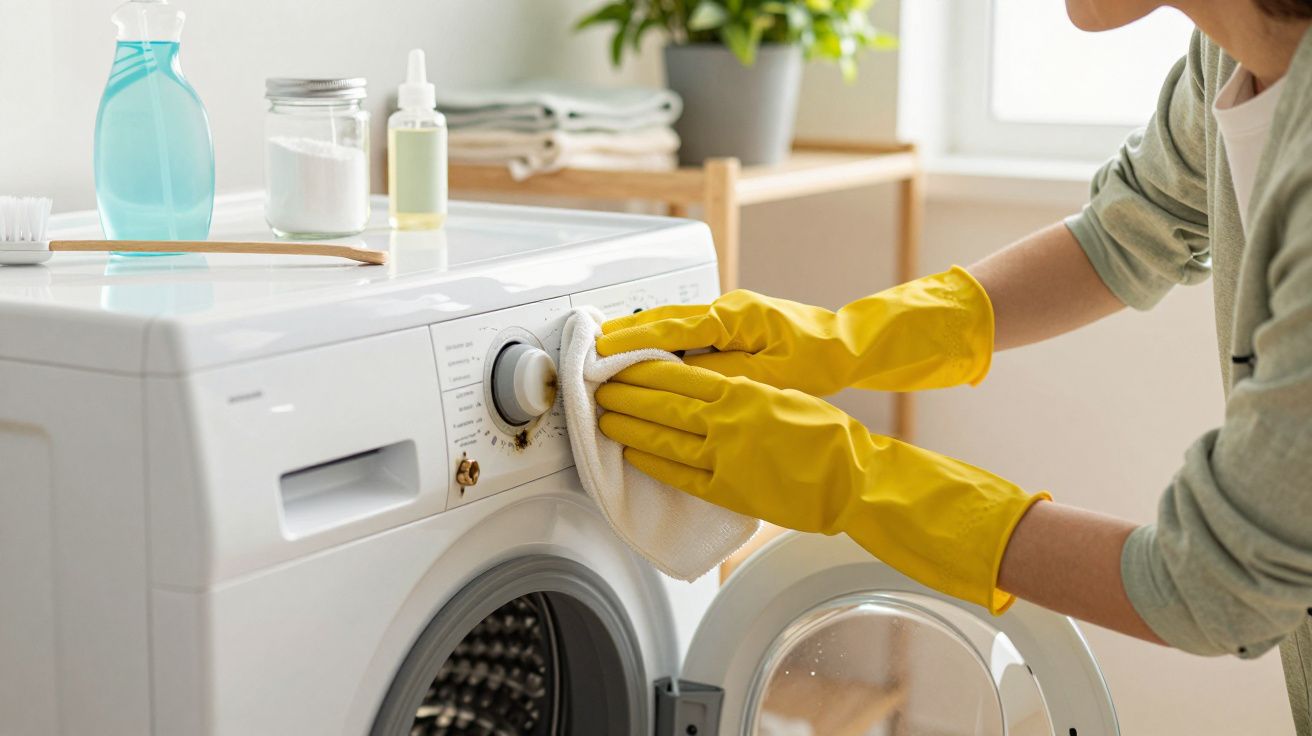 Pessoa de luvas amarelas a limpar máquina de lavar roupa branca numa divisão iluminada.