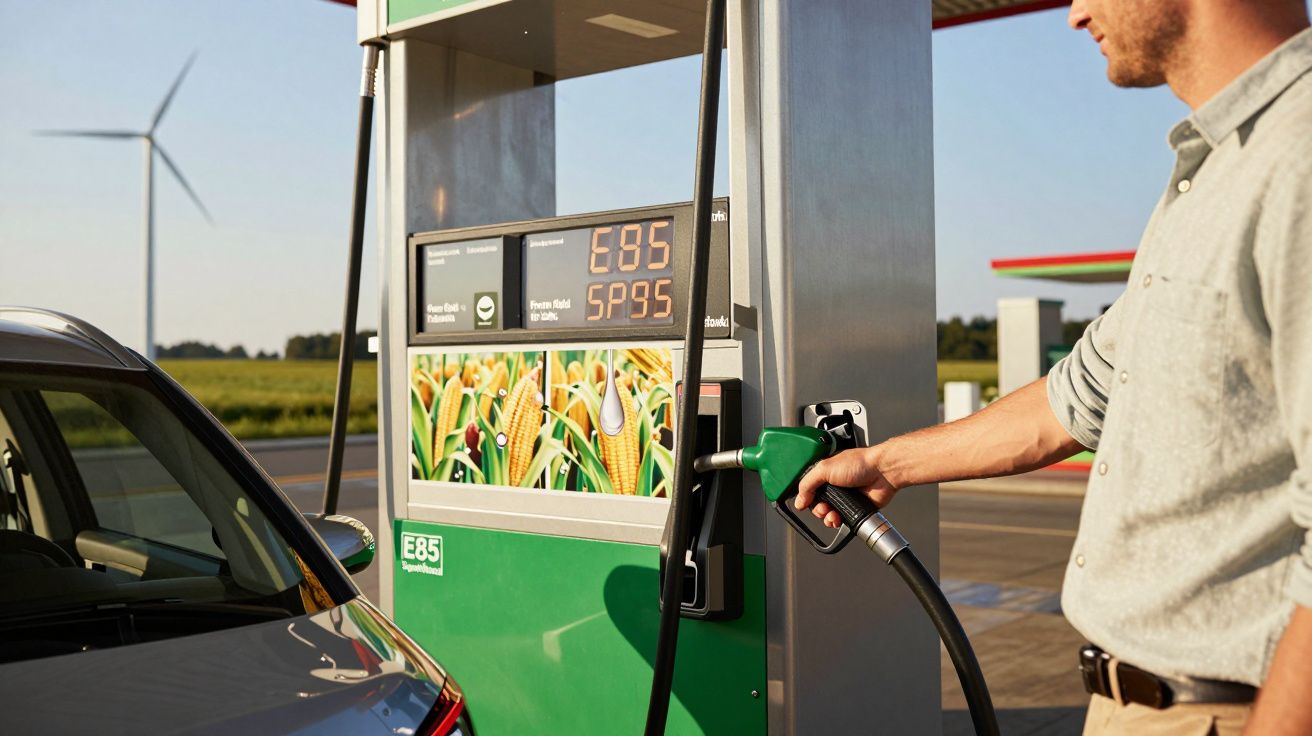 Homem abastece carro com combustível E85 numa bomba verde numa estação de serviço com turbina eólica ao fundo.