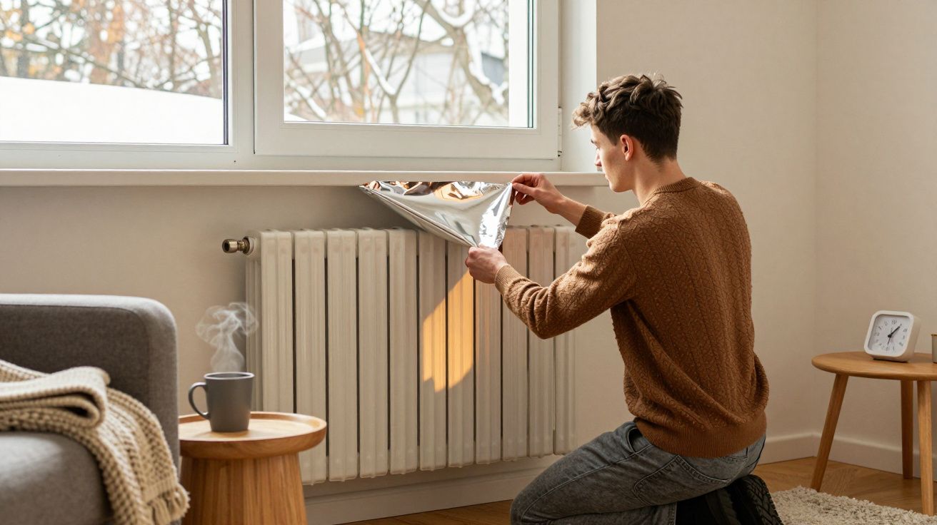 Jovem a colocar folha refletora atrás do radiador junto a uma janela numa sala acolhedora.