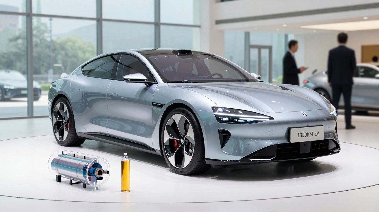 Carro elétrico prateado moderno num salão com recipiente de hidrogénio e garrafa ao lado.
