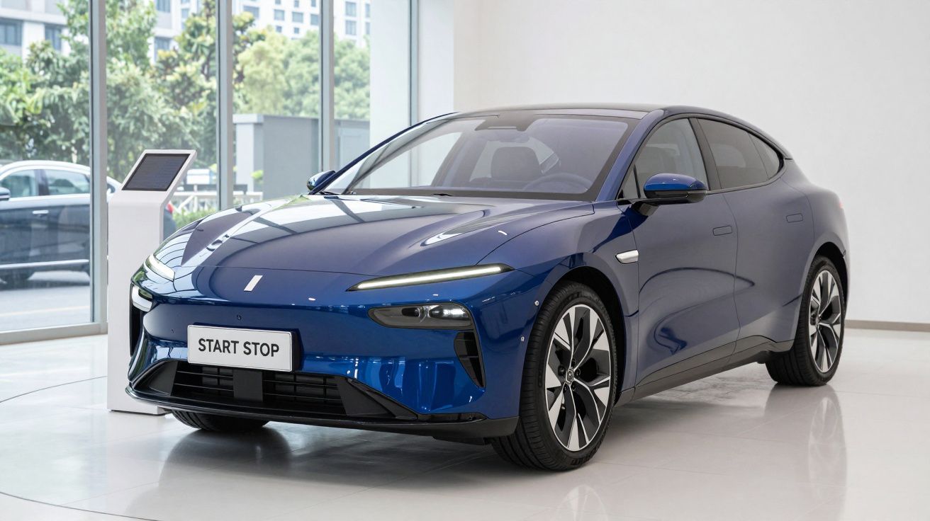 Carro elétrico azul brilhante exposto em ambiente moderno com grande janela e chão branco polido.