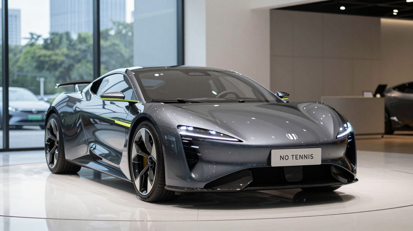 Carro desportivo eléctrico cinza metálico em exibição numa sala de showroom moderna.