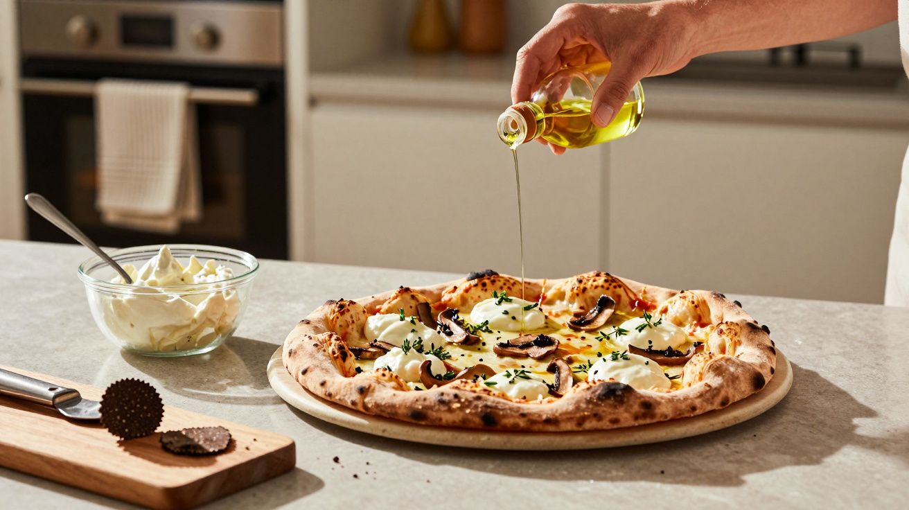 Mão a deitar azeite numa pizza com cogumelos e queijo, ao lado de tábua com cortador e recipiente com queijo.