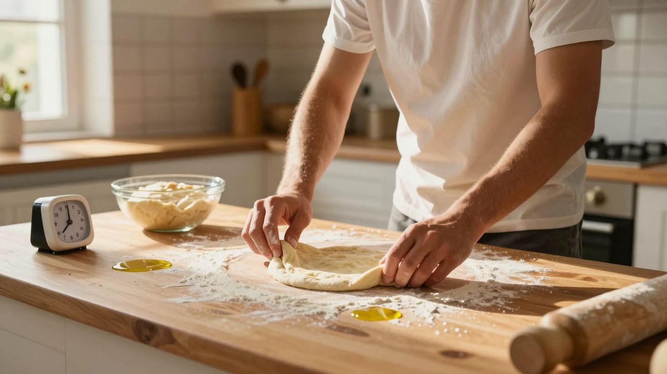 Pessoa a moldar massa numa cozinha com farinha espalhada sobre a bancada de madeira.