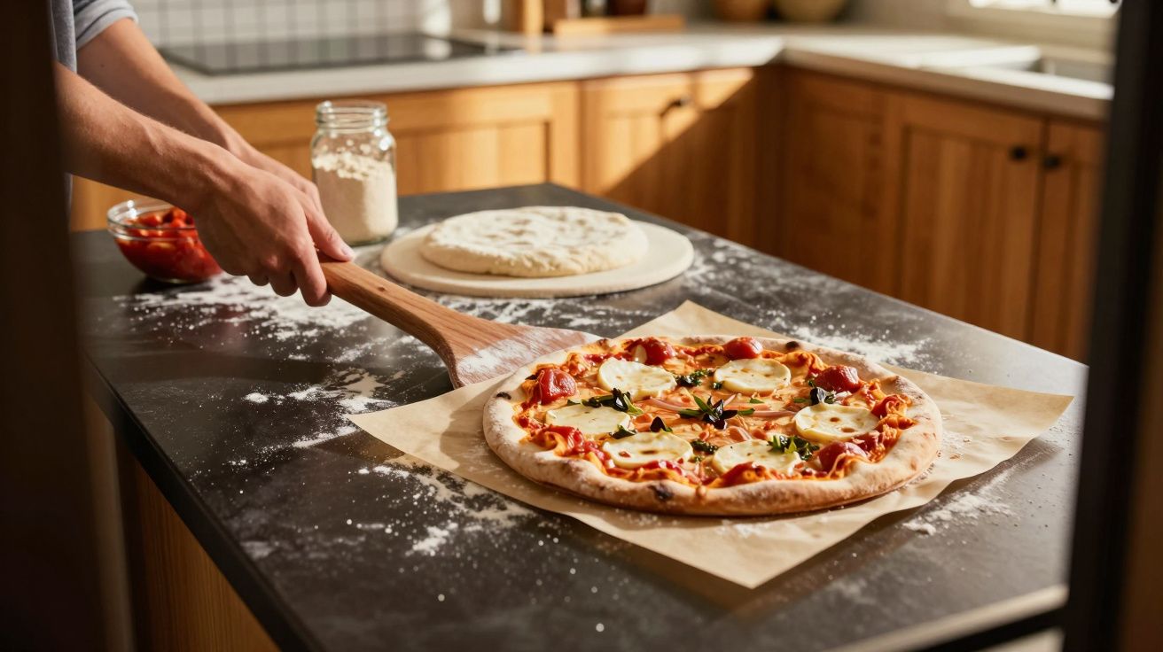Pessoa a retirar pizza acabada de sair do forno numa cozinha com bancada preta e ingredientes ao fundo.