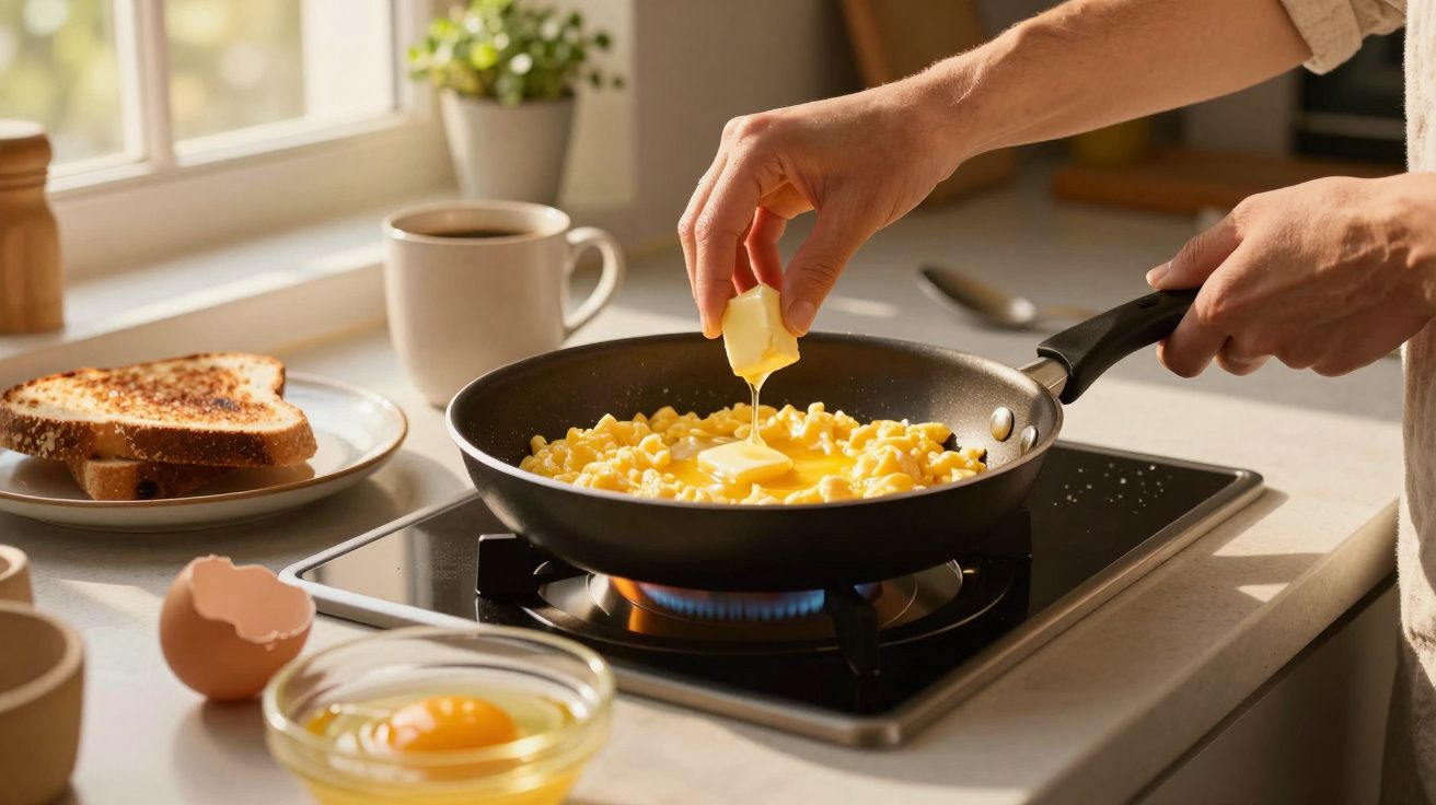 Pessoa a cozinhar ovos mexidos numa frigideira, com torradas e café ao lado numa cozinha iluminada.