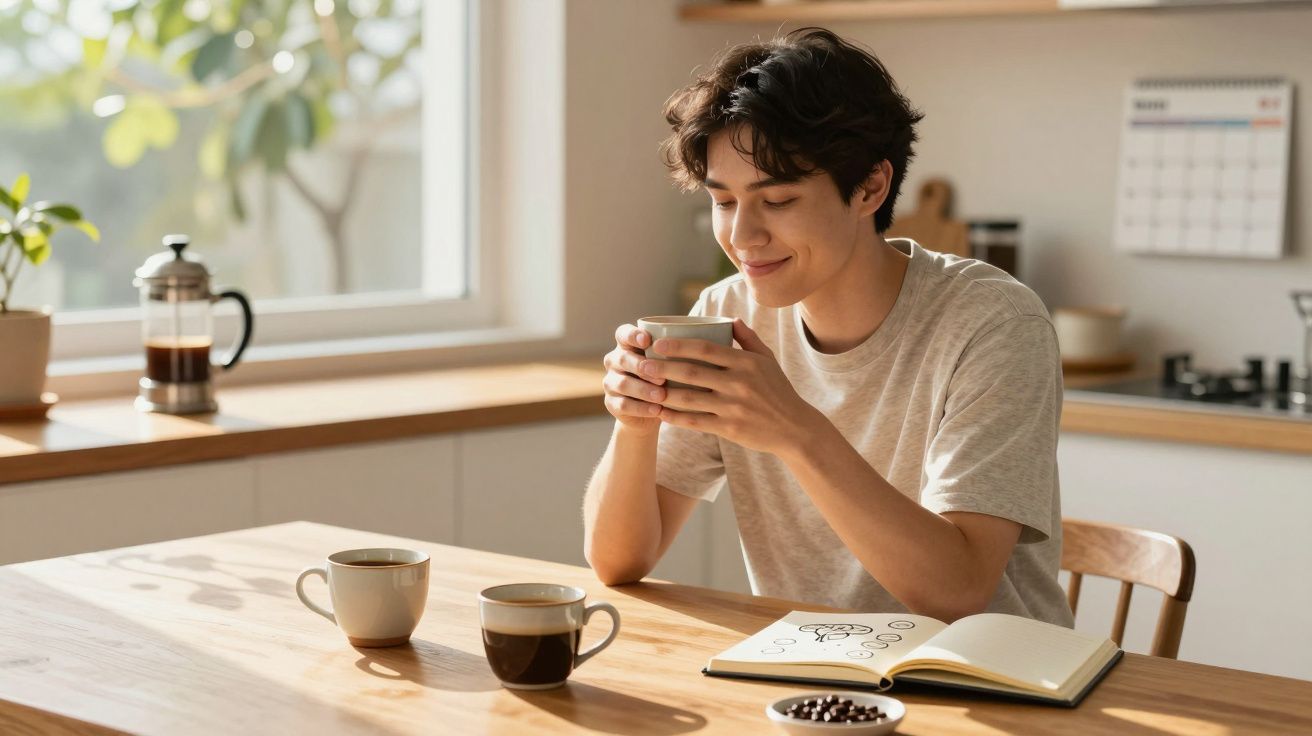 Jovem sentado na cozinha a apreciar uma chávena de café com duas chávenas e caderno na mesa de madeira.