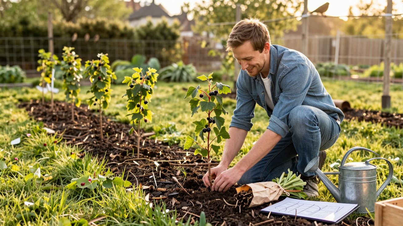 Homem sorridente a cuidar de plantas num jardim, rodeado de regador e outras flores.