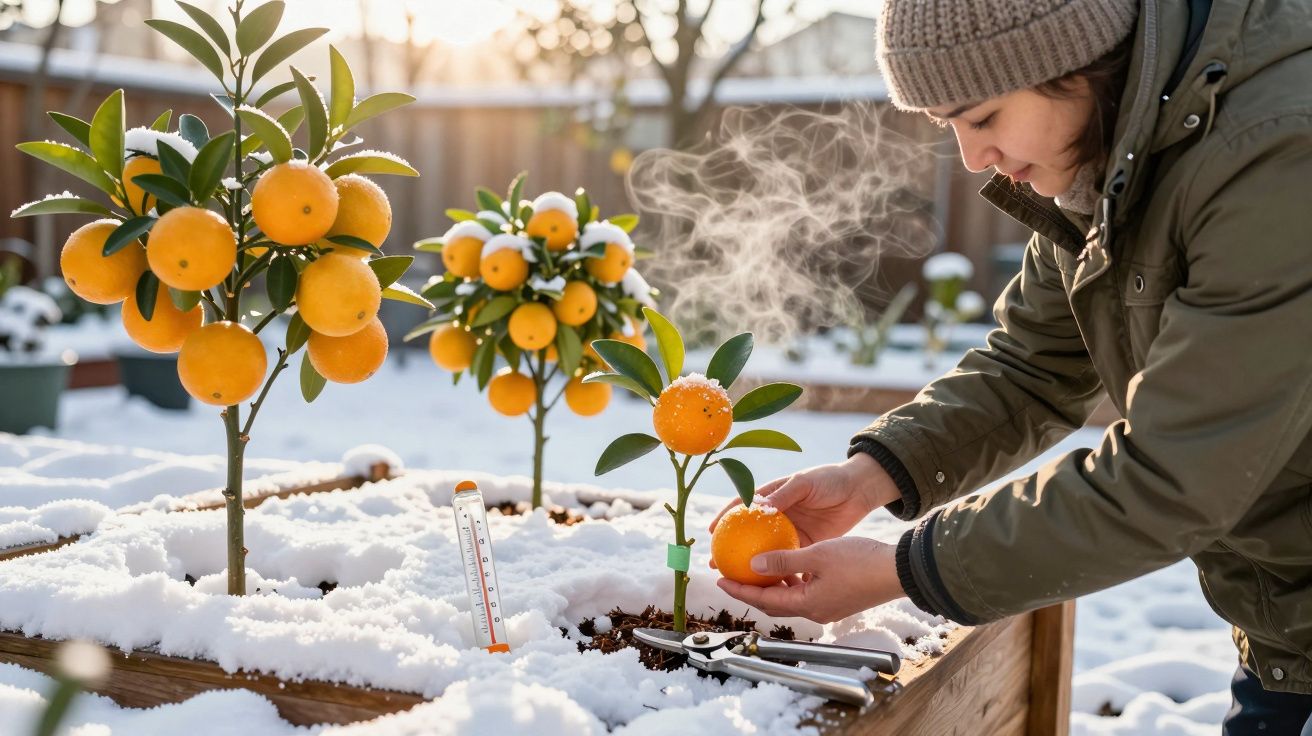 Pessoa a colher laranja numa horta elevada coberta de neve, com termómetro e tesoura de poda visíveis.
