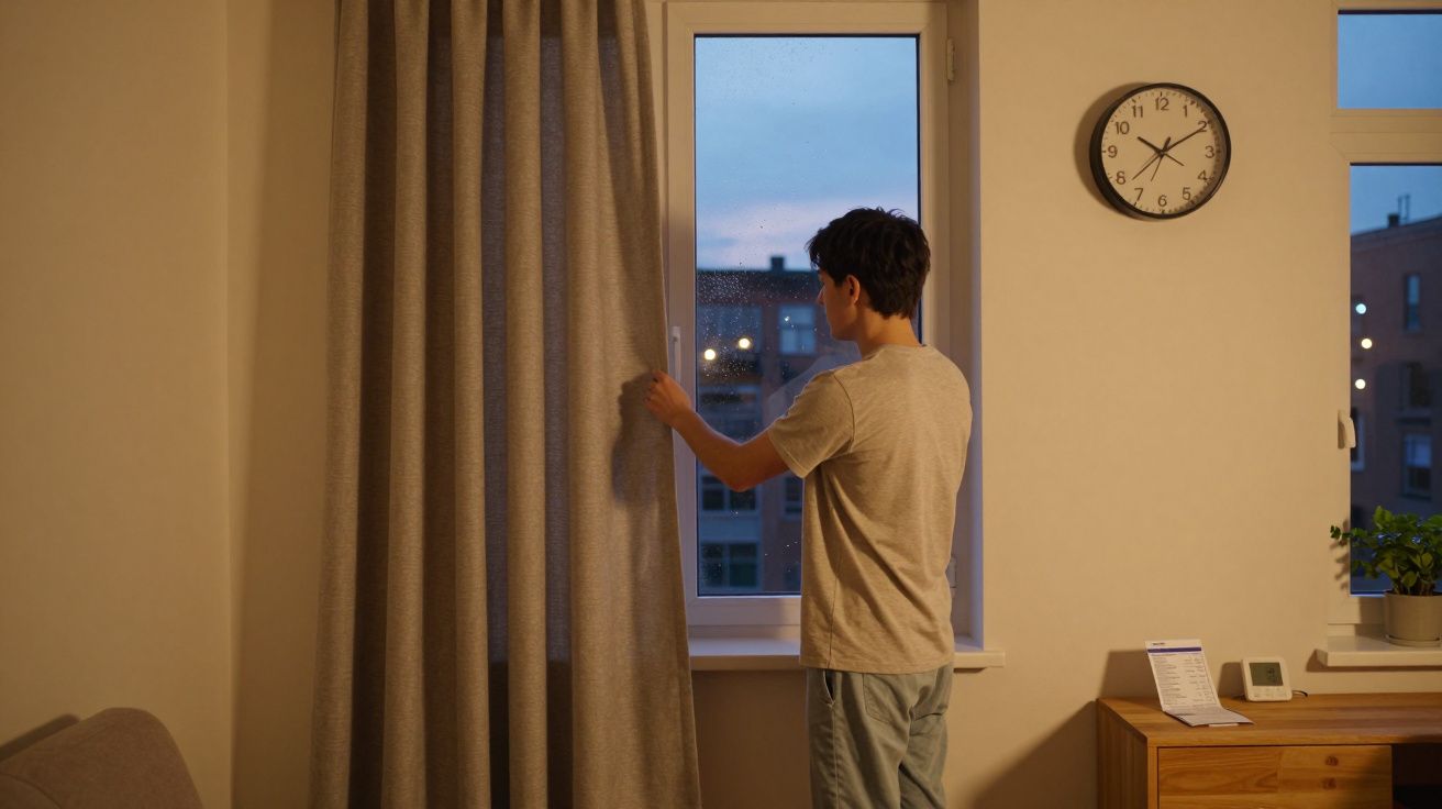 Homem abre cortina numa sala enquanto anoitece, com relógio e planta visíveis na parede.