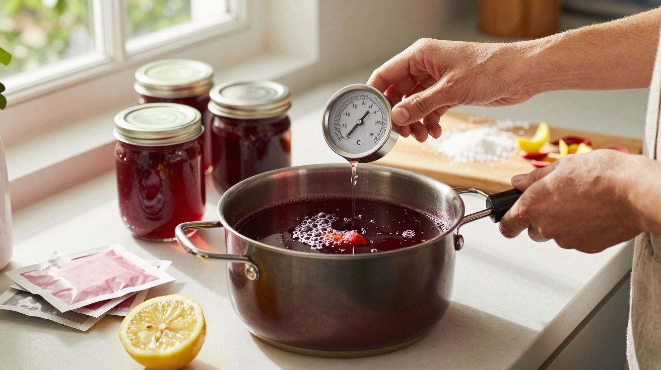 Mãos a medir a temperatura de um doce vermelho a ferver numa panela numa cozinha iluminada.