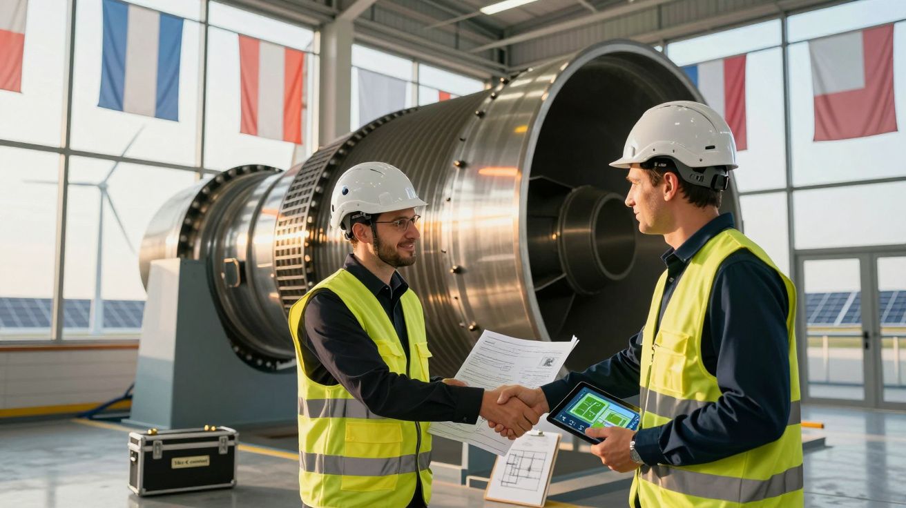 Dois engenheiros com capacetes e coletes de segurança cumprimentam-se numa fábrica junto a uma turbina industrial.