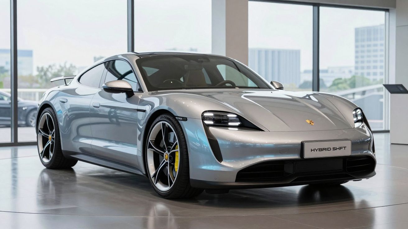 Carro desportivo elétrico prata Porsche Taycan exposto em sala moderna com janelas grandes.