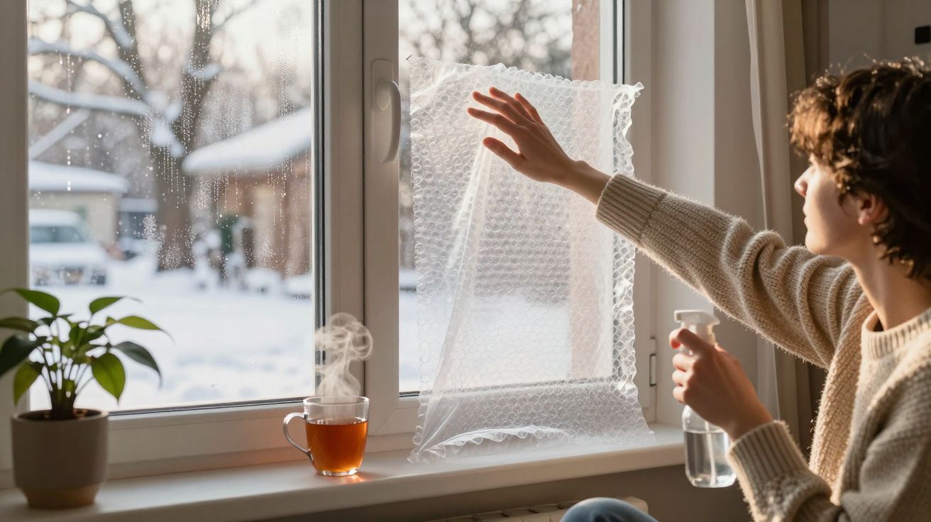 Pessoa a pulverizar filme bolha na janela durante dia frio de inverno, com chá quente na mesa.
