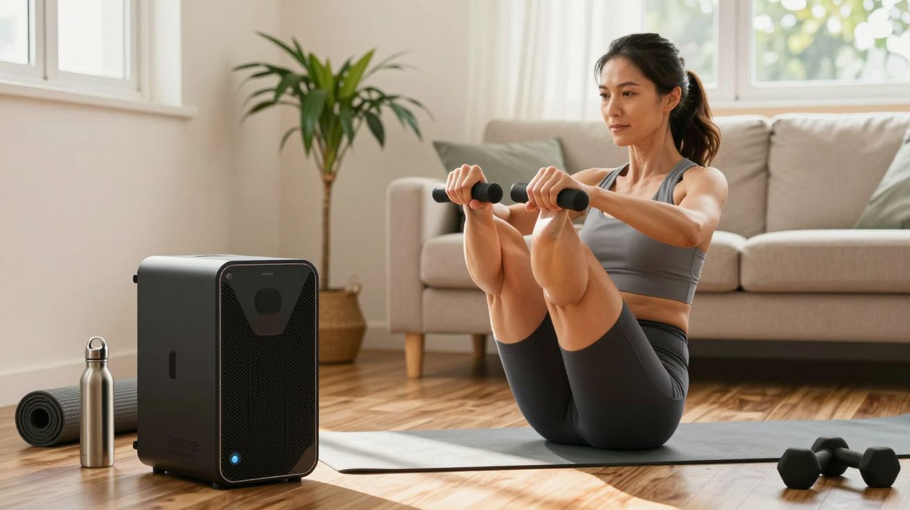 Mulher a fazer exercícios de core com halteres, sentada num tapete numa sala iluminada.